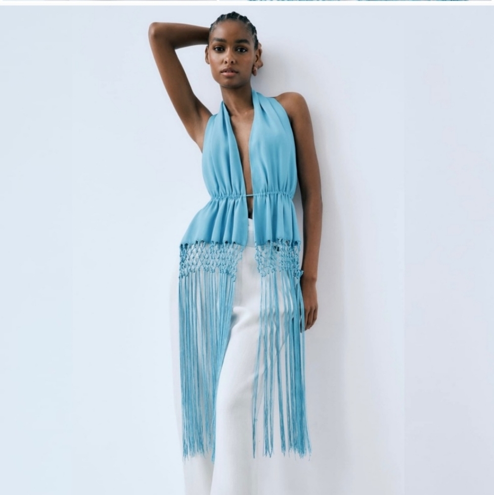 Zara Fringe Halter Top Ibiza Festival Resort Beach Top Blue Size S - Picture 10 of 14